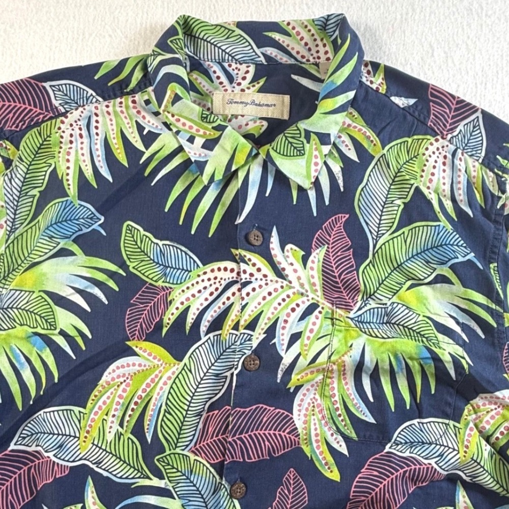 Tommy Bahama Button Down Mens XL Tropical Leaf Print Silk Navy Blue